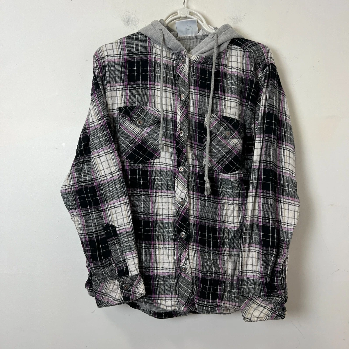 Vtg Cg.L.Cg Brand Flannel Hoodie Sweater Button Up Long Sleeve Plaid Purple 2XL