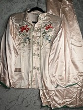 Vtg Sun Bros Company Japan Embroidered Satin Lounge Pajama Set Plus Size