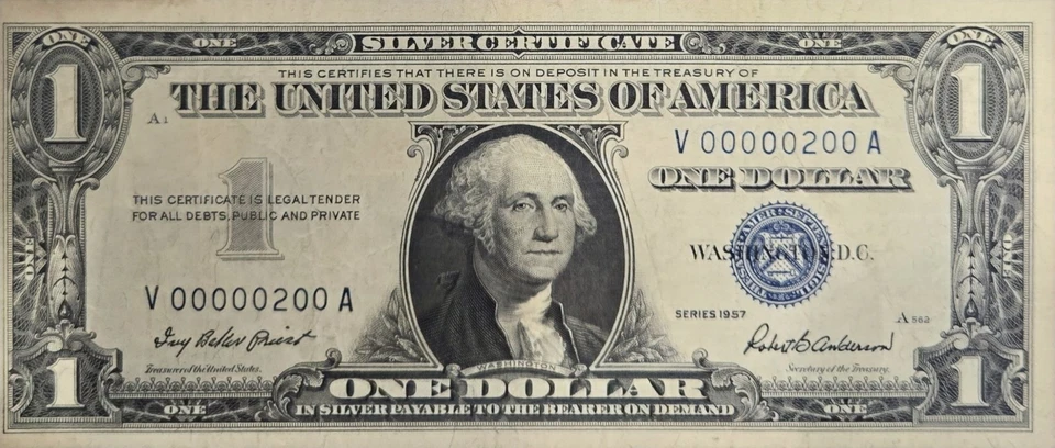 1957 S1 Near Solid Binary Low Serial Numbers Silver Certificate Five In Row Rear - Image 2 of 3