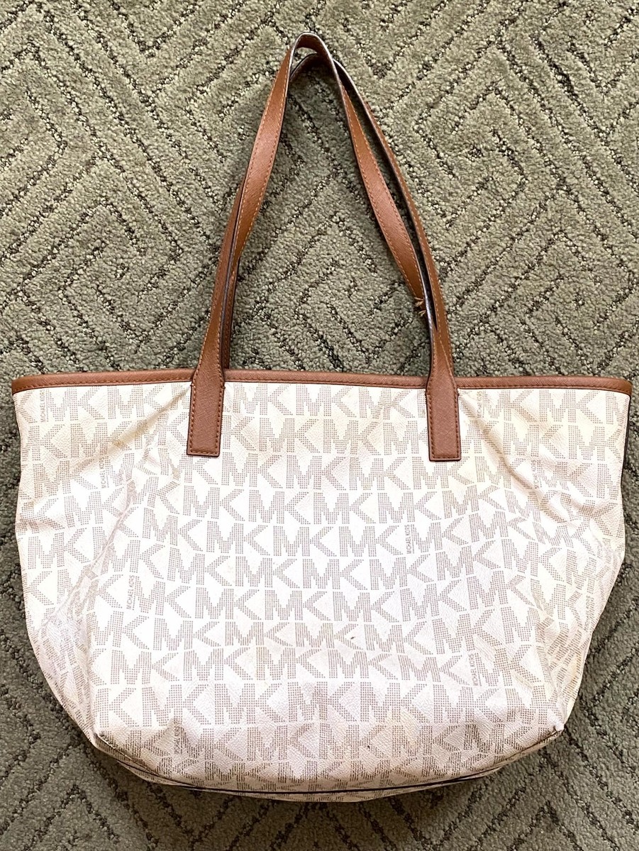 Michael Kors Signature Leather Tote Shoulder Bag | White Brown 
