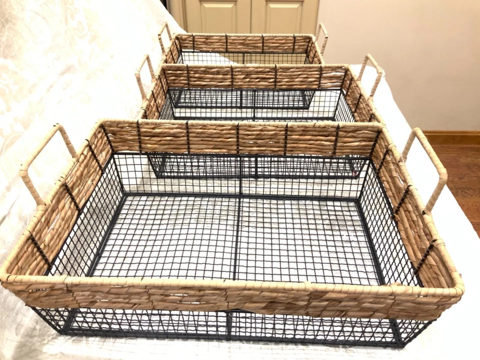 Storage Baskets S M L nesting handles heavy New Set 3 Metal & Sea Grass Rattan - Image 3 of 4