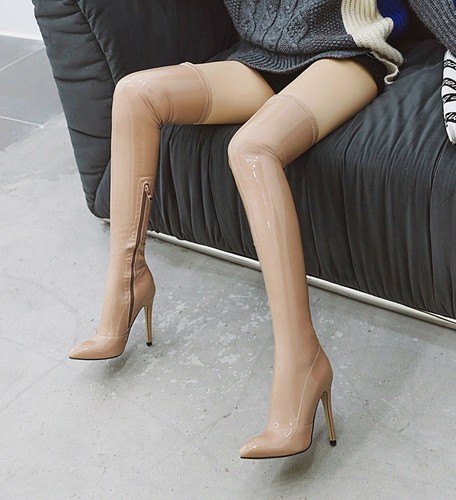 Botas de PVC con efecto cuero muy altas para mujer / Botas de látex efecto cuero brillante - Imagen 12 de 55