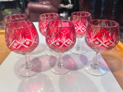 vintage bohemian cut clear ruby red wine hock glasses 6pcs