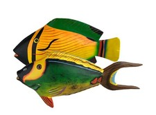 Hand Painted Wooden Tropical Fish Figurines Yellow Green Butterflyfish Pair 7"