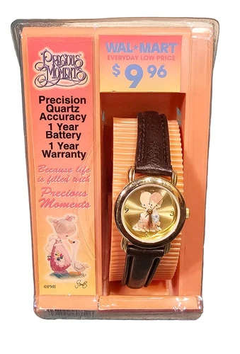 Vintage 1999 Precious Moments Women's Collectible Watch Gold Tone Brown Strap