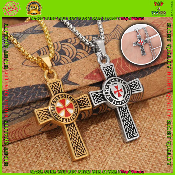 Mens Stainless Steel Red Masonic Knights Templar Crusader Cross Pendant Necklace-image