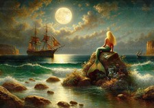 Mermaid Moonlight Art Print Ship Ocean Fantasy Sea Myth Romantic Nautical P36