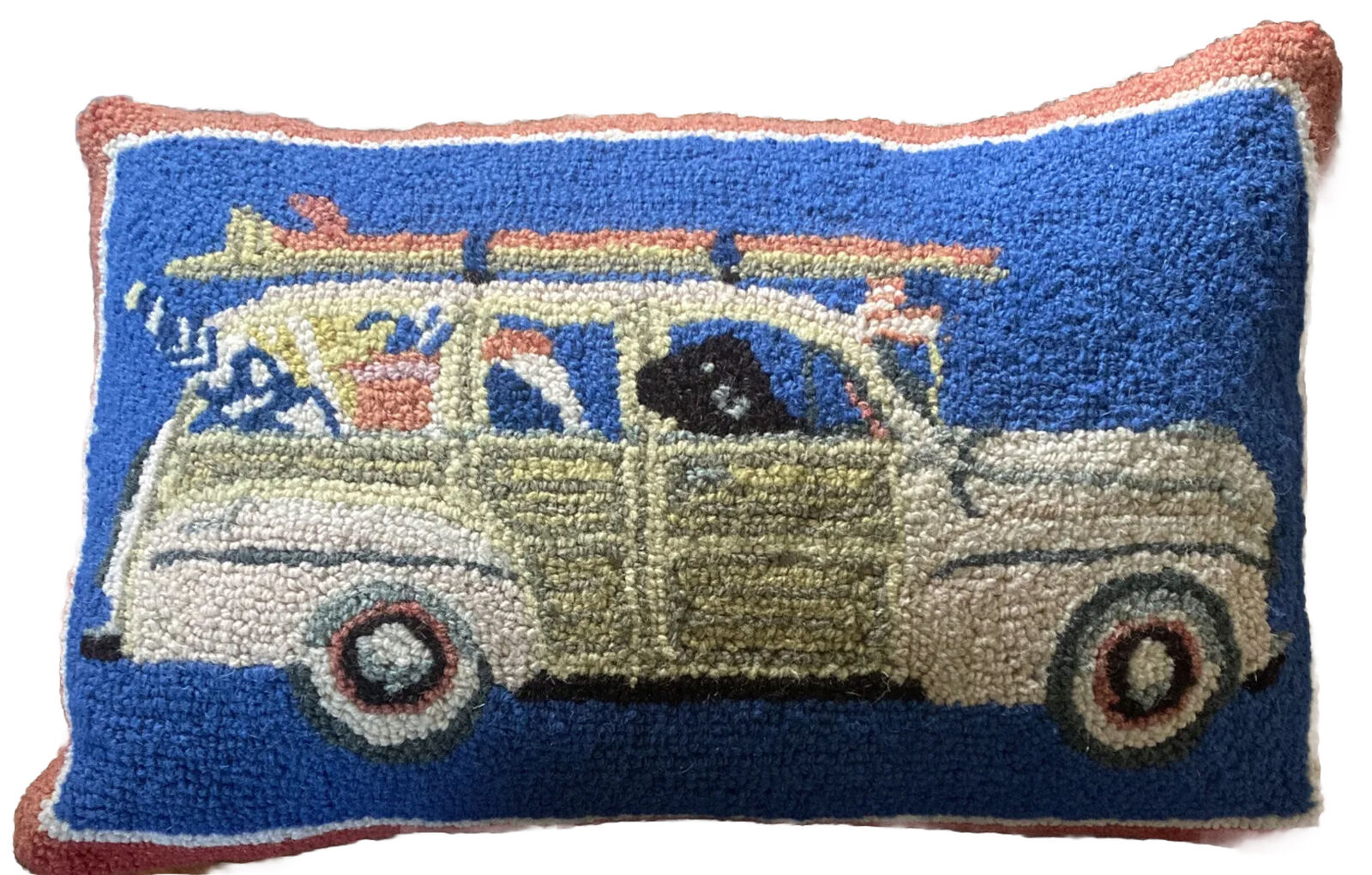 Wool Hook Pillow Cover Woody Station Wagon w Surfboard 14x22” Cotton Velvet Back