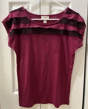 Ann Taylor LOFT Pink Short Sleeve Top Black Lace Detail, Women's Size Small