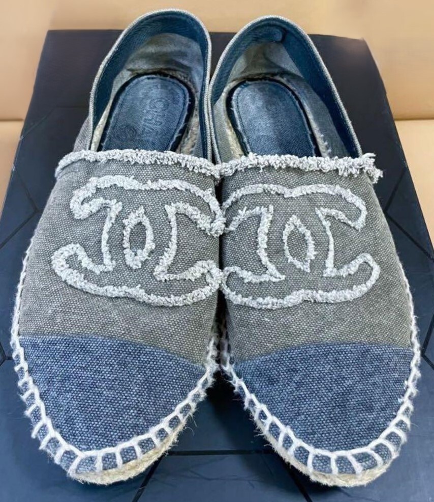 CHANEL Logo denim Espadrilles EU 37 Canvas gray Blue Flats