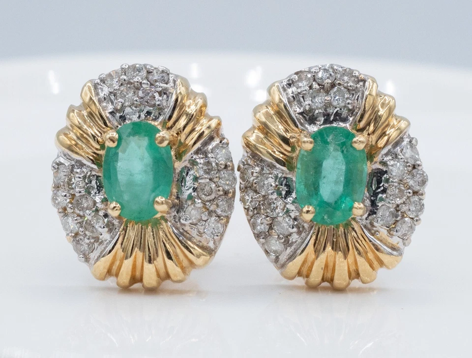 Natural Oval Emerald & Round Diamond 14KT 2-Tone Omega Back Earrings GIA - Image 2 of 4