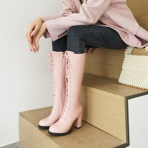 Womens Lace Up Side Zip Gothic Tall Calf Boots High Block Heel Punk Riding Shoes - Picture 1 of 15