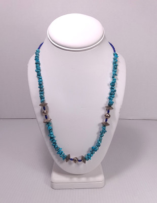 Native NAVAJO Sterling Silver Turquoise Lapis Beaded Necklace 21.5''