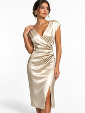 Vestido midi satinado cuello en V plisado cintura abertura lateral para mujer elegante fiesta noche Reino Unido