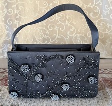 Vintage Franchi Floral Rhinestone Sequin Satin Black Clutch Evening Bag