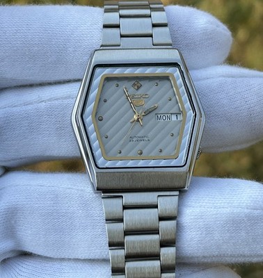 Vintage TV shape Seiko 5 Automatic gray hexagonal Day/Date Men