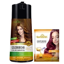 Herbishh Golden Brown Hair Color Shampoo 3-in-1 PPD-Free Dye 400ml w/ Argan Mask