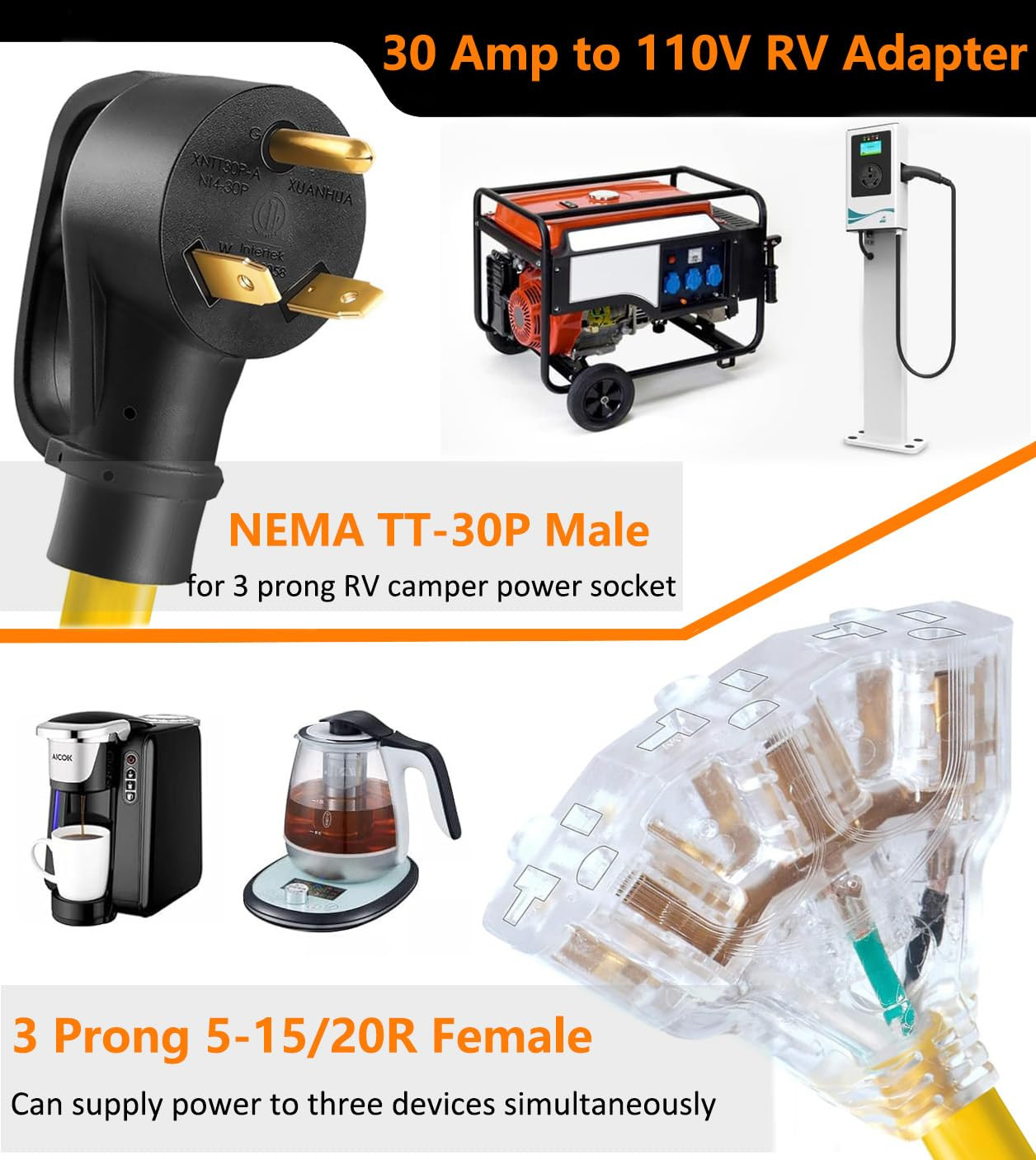 30 Amp to 20 Amp 110V RV Cord Distribution Plug Adapter, NEMA TT-30P to ...