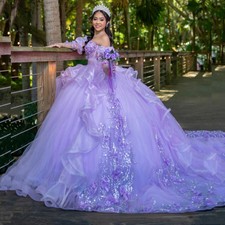 Glitter Lilac Quinceanera Dress Ball Gown Floral Applique Tiered Sweet 16