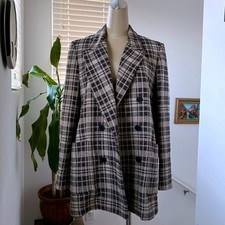 ZARA Blazer Glen Plaid Double Breasted Academia Womens Small Oversized Relaxed