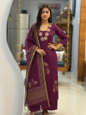 Designer Women Wine Embroidered Indian Kurta With Pant Dupatta ,Salwar Kameez