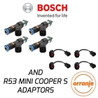 R53 MINI Cooper S JCW GP Genuine Bosch 550cc Fuel Injectors Set of 4 + ADAPTORS