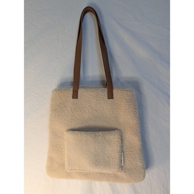 Arcadia Encore Fuzzy Tote Bag Cream Brown Strap Soft Plush Shoulder Bag