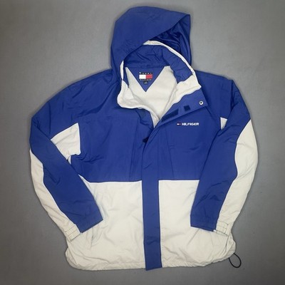 Tommy Hilfiger Jacket Men s XL Blue White Hooded Fleece Lined Vintage Coat