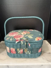 Vintage Wicker Sewing Box Green Floral
