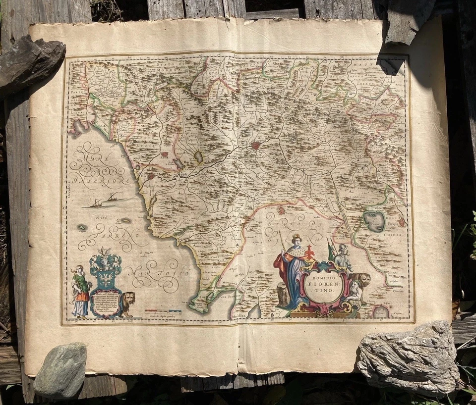 Mapa coloreado a mano del siglo XVII de Toscana “Dominio Fiorentino” 19,5x23,5” Foto 3 de 4