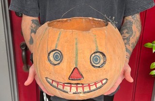 HUGE 9.5" x 12.5" Vintage Germany Halloween Paper Mache Pumpkin Jack O Lantern