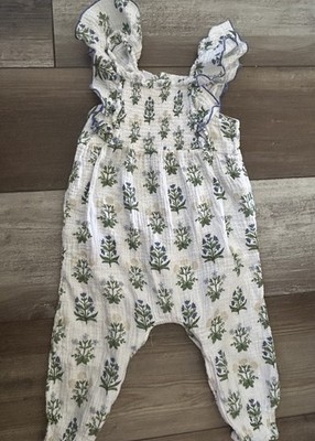 Mud Pie Girls 9-12 Months One Piece Blue Floral Muslin Cotton Ruffle