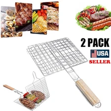 2*BBQ Grill Basket Stainless Steel Non Stick Folding Meat BBQ Fish Meat Grilling