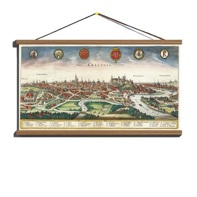 Antique 1640 Panoramic Map Plan View Of Krakow; Canvas, Magnetic Wooden Hanger