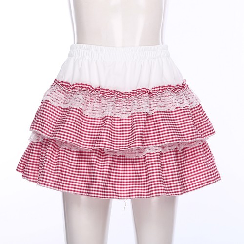 Women Skirt Color-block Tiered Skirt Snug Mini Skirt Polyester Puff Skirt Plaid - Picture 10 of 51