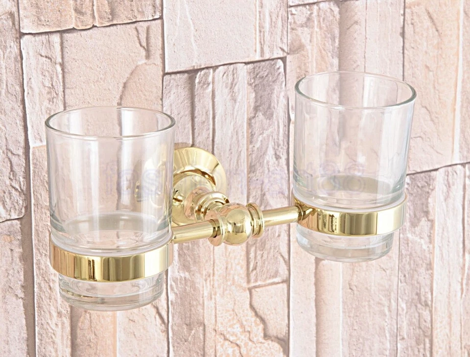 Gold Color Brass Bathroom Wall Mount Toothbrush Holder Double Glass Cup fba318 - Image 2 of 4
