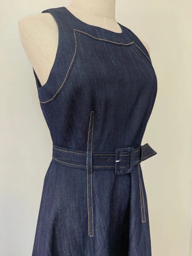 AUTÉNTICO Vestido Midi Sin Mangas Cinq à Sept Algodón Cuello Redondo Denim Calce y Acampanado para Mujer - Imagen 7 de 13