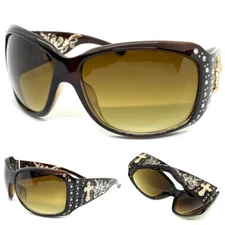 CLASSY Elegant WESTERN Rustic COWGIRL Style SUN GLASSES Brown Frame Gold Cross