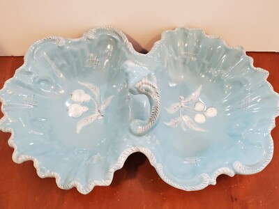 large pottery divided dish Italy light blue, fruit pattern, 14'' x 9'', beautiful