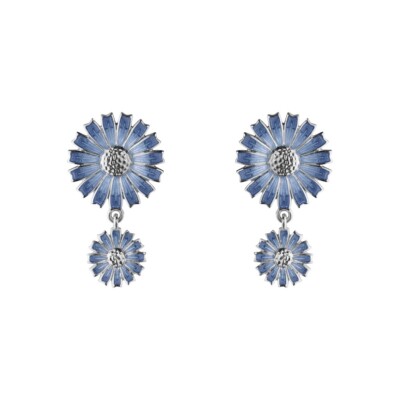 Georg Jensen. Sterling Silver DAISY Double Earrings with blue Enamel.