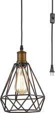 Industrial Farmhouse Plug in Pendant Light with On/Off Switch Wire Caged Hanging