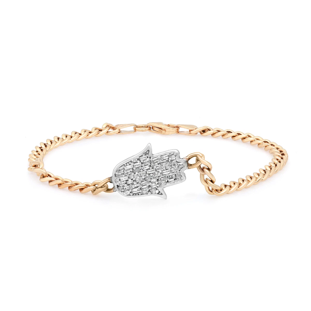 0.43Cttw Baguette Cut Diamond Hamsa Cuban Link Chain Bracelet 14K