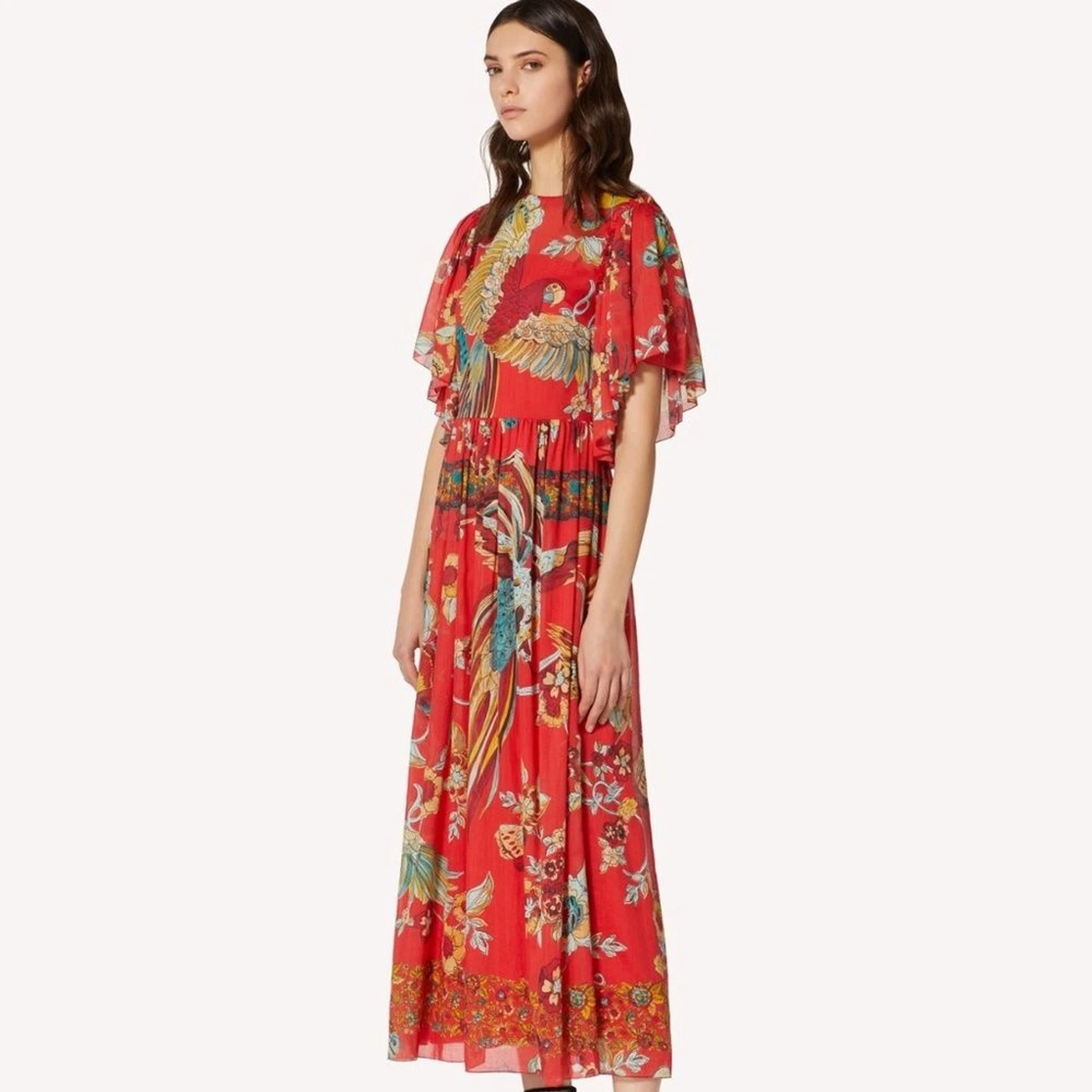 Abito rosso Valentino uccellino del paradiso foresta nuovo senza etichette