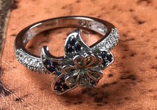 Elegant Sterling Silver Flower Ring Blue Clear Stones Size 6 So Pretty
