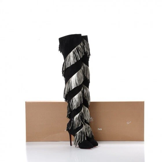 RARE Christian Louboutin Bolcheva 120 Black Gold Fringe Thigh High Boot - Image 2 of 4