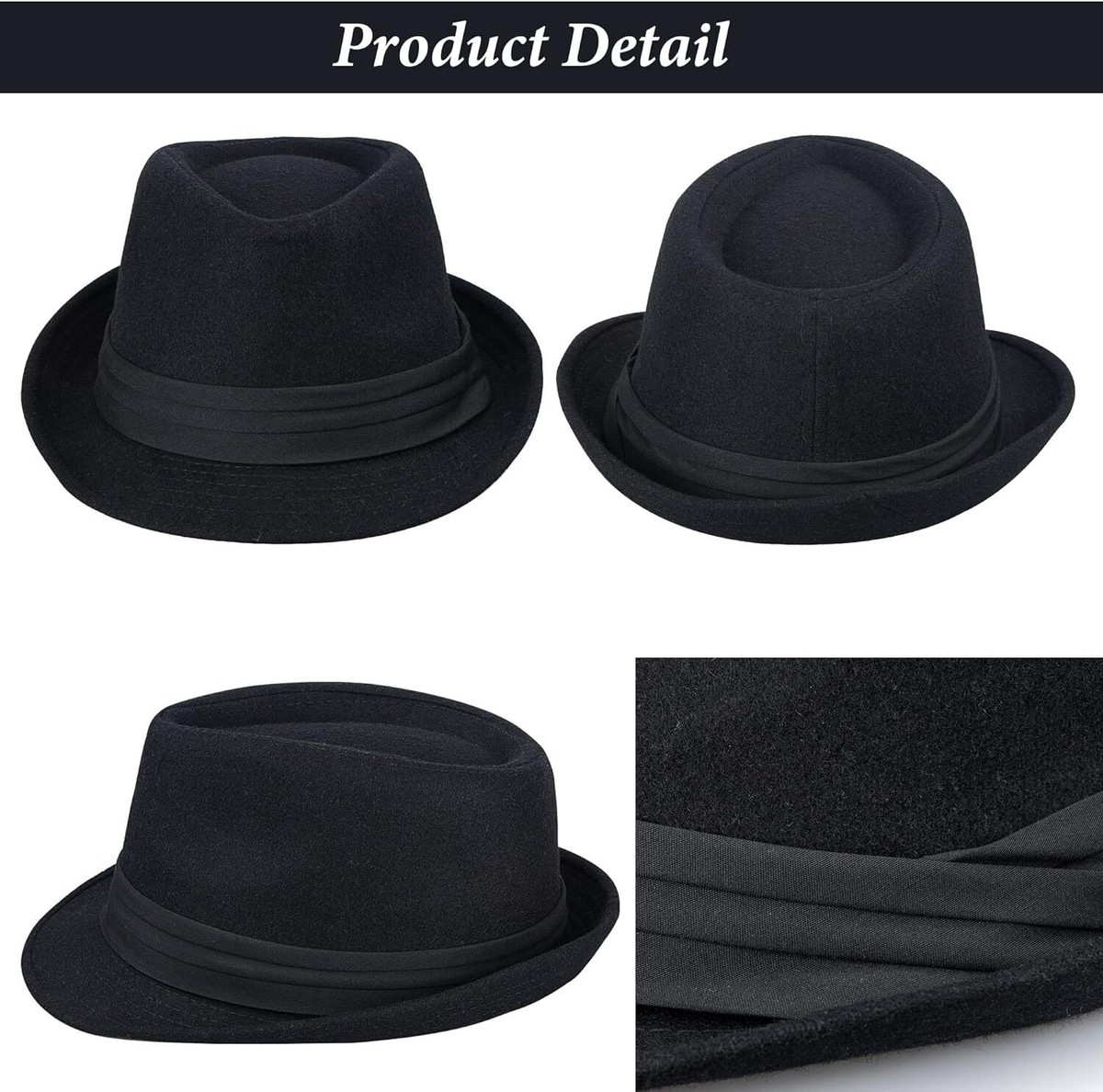 Womens Mens Classic Felt Trilby Hat Short Brim Fedora Black 7 1/4