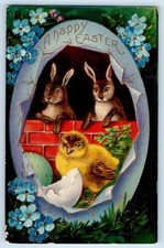 1910 Easter Big Egg Bunny Rabbit Egg Chick Flowers Embossed Antique Postcard