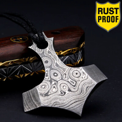 Hand Forged Thor Hammer Pendant Damascus Steel Gunmetal Thor's For Him Locket