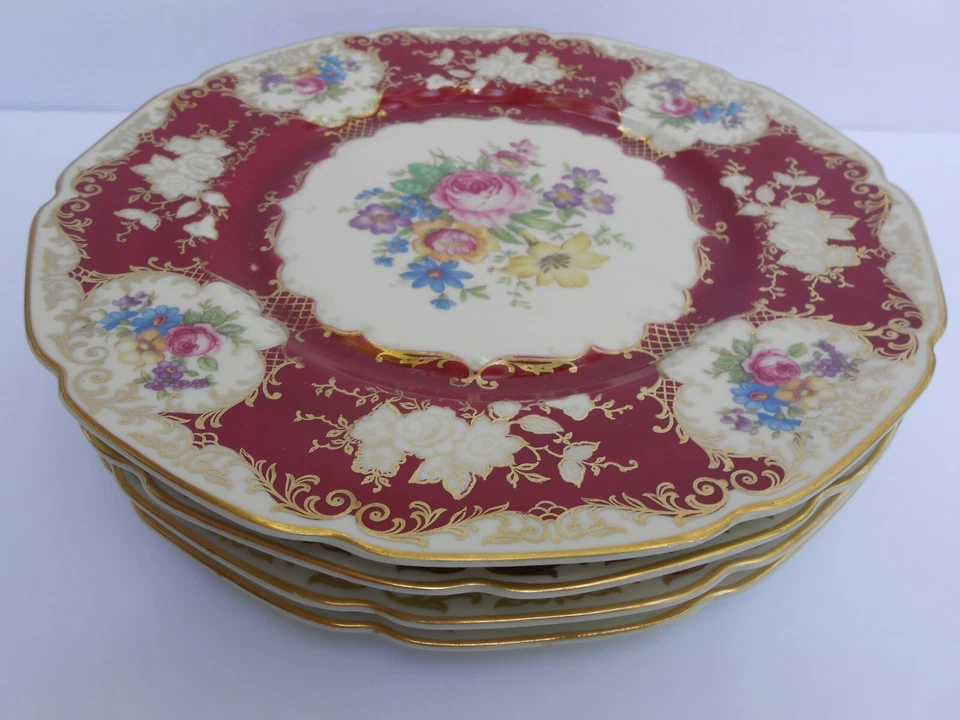 4 PLATOS GABINETE Heinrich Antiguo Borgoña Marfil Cuerpo Supremo Cena Oro Floral Foto 2 de 4