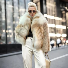 New Luxury Women's Real Golden Island&Red Fox Fur Coat Winter Warm Outwear Lapel